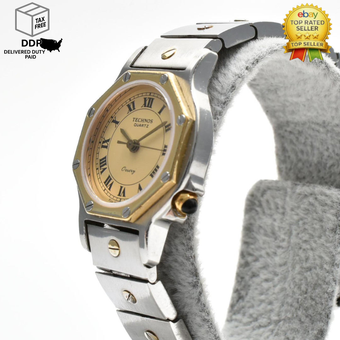 [Exc+5] Technos Orrery 1710050 Gold Dial Silver Octagon Quartz Women Watch JAPAN