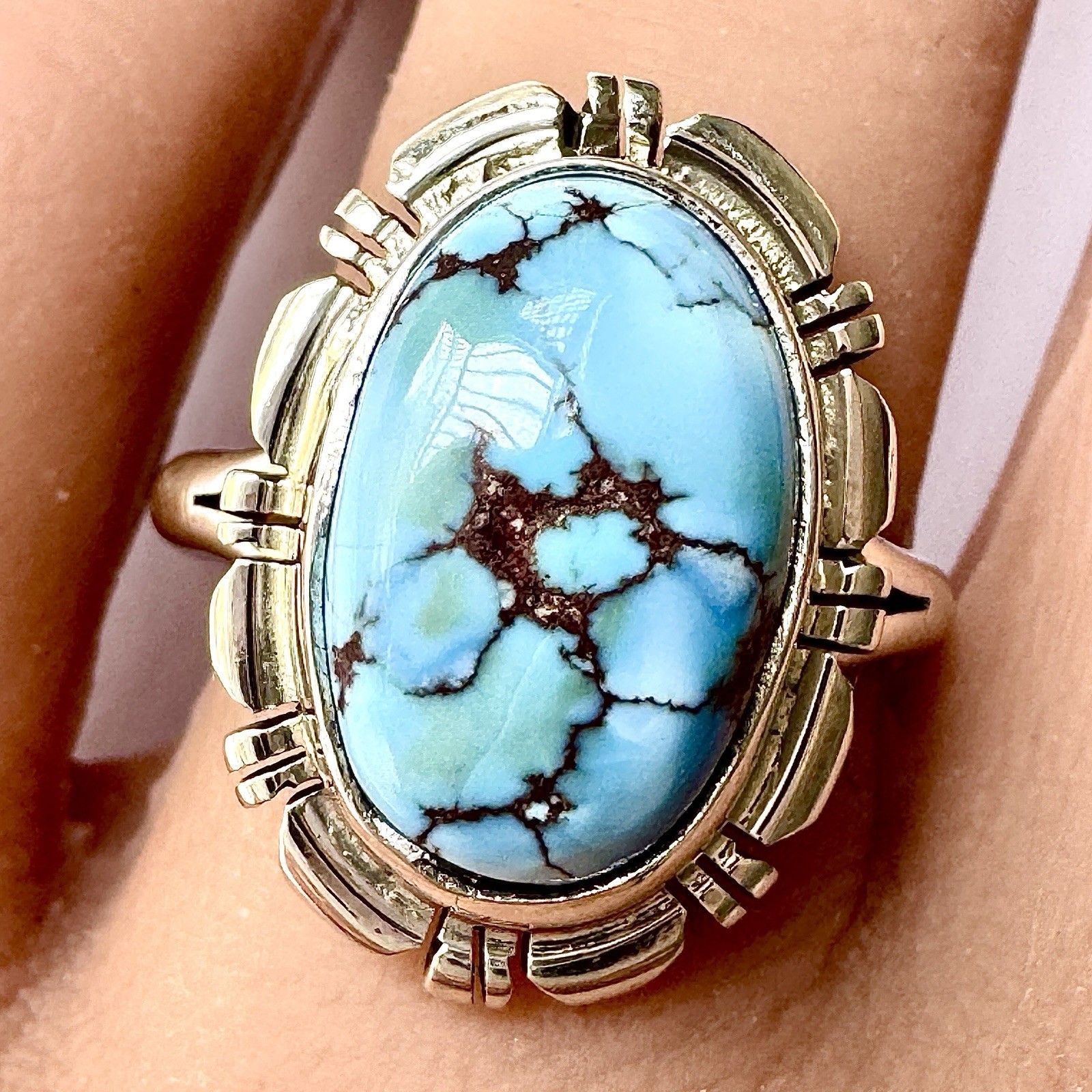 Navajo Blue Golden Hills Turquoise Ring Sz 9 Sterling Norvin Johnson Shine