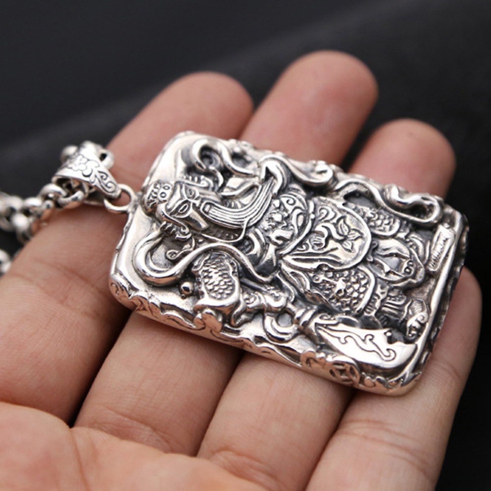 Pure S925 Sterling Silver Men Women Carved Dragon Guangong Oblong Pendant 34-35g