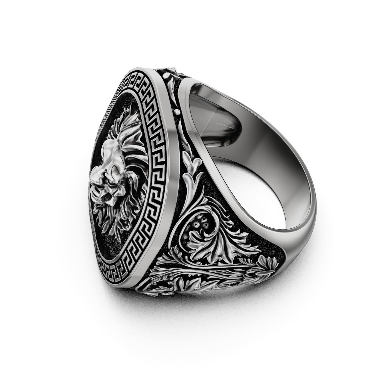 Oxidized Men’s Greek Ornament Pattern Lion 925 Sterling Silver Statement Rings