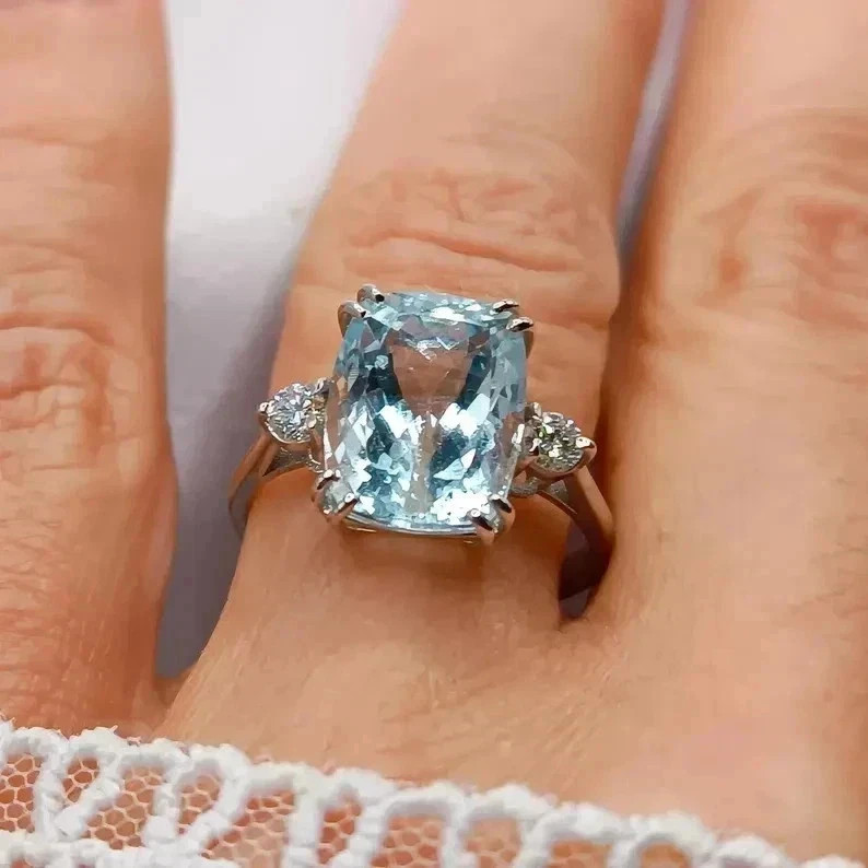 Cushion Cut 6.50 Ct Natural Aquamarine & Diamond Solid 14K White Gold Ring