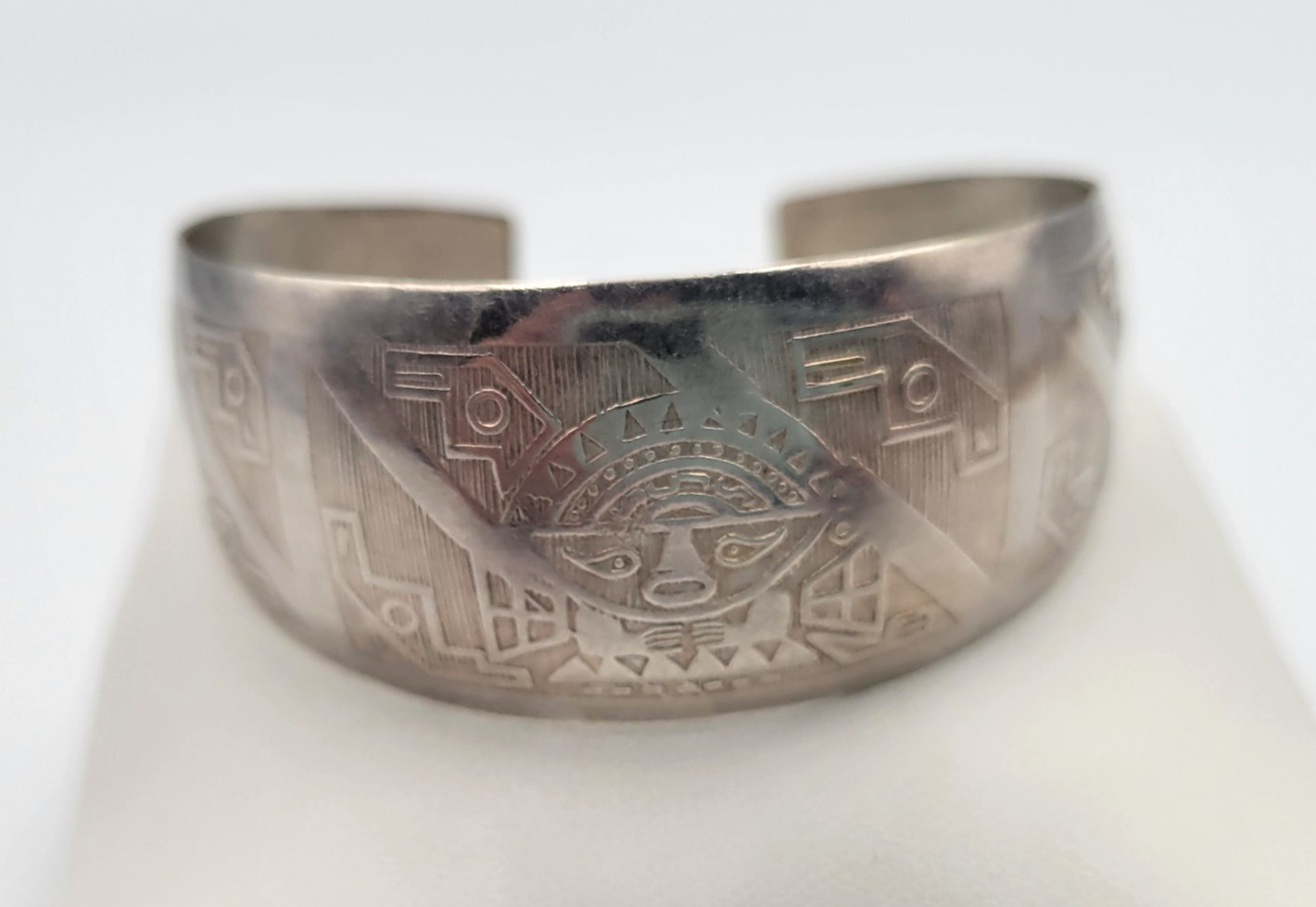 Vtg Peruvian Silver Plate Meso-American Figural Panel Cuff Bracelet MCM
