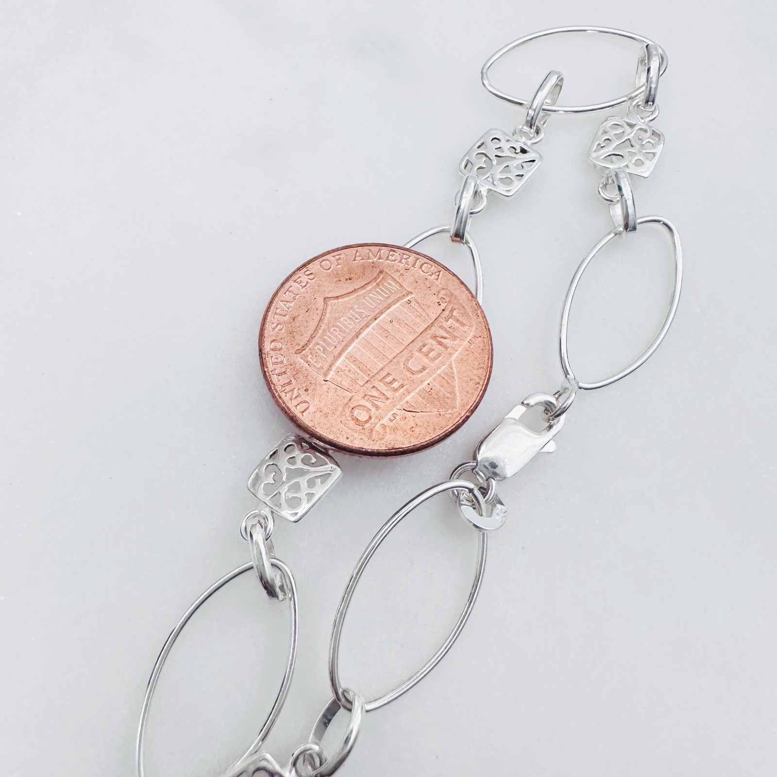 925 Sterling Silver Oval & Square Filigree Links Bracelet 6-10mm, 7 1/4″