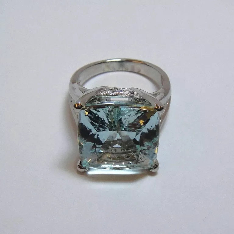 19.89 Carat Square Aquamarine & Crilliant Cut CZ Solitaire 925 Silver Women Ring
