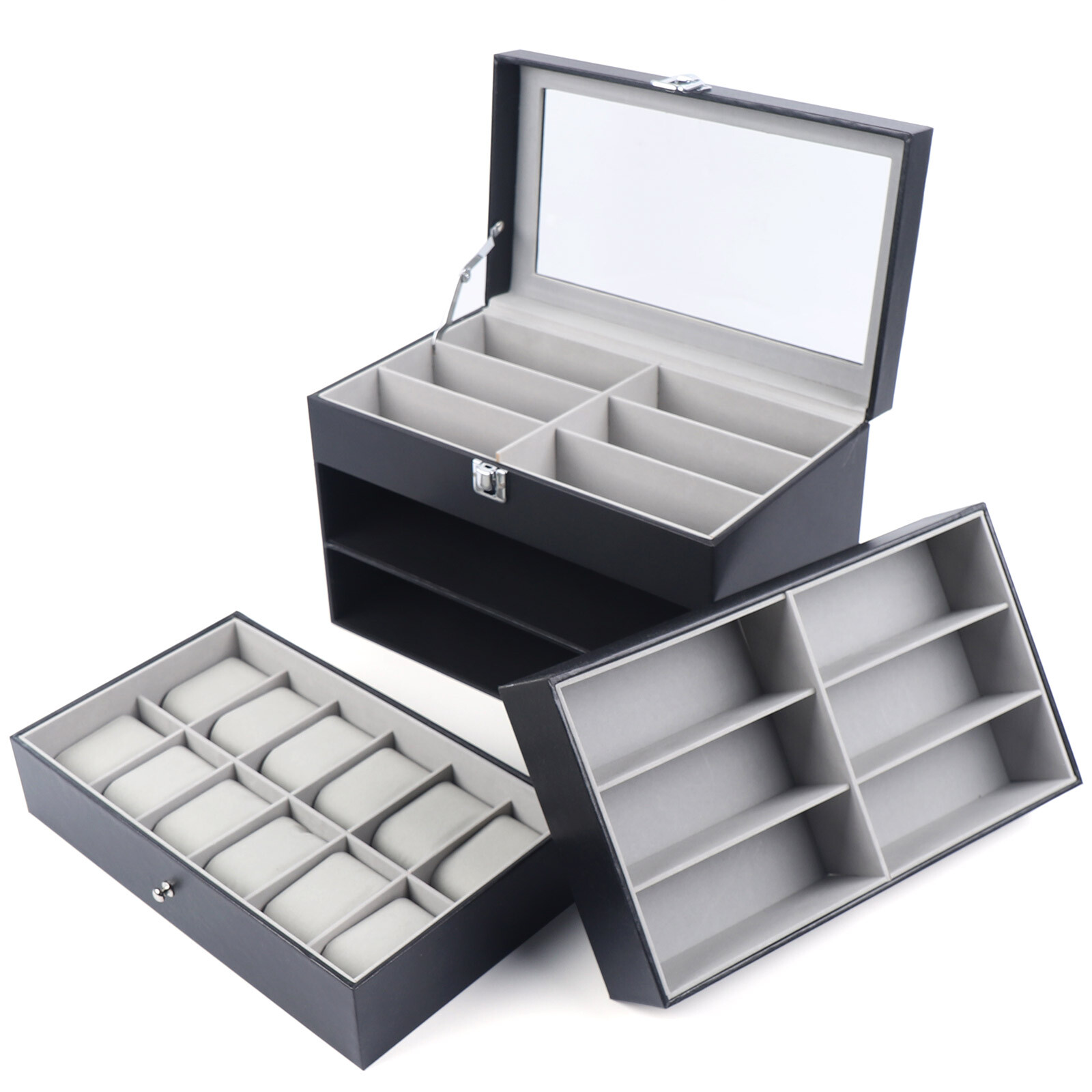 3 Layers Watch Display Box Jewelry Ring Organizer Case Sunglasses Storage Holder