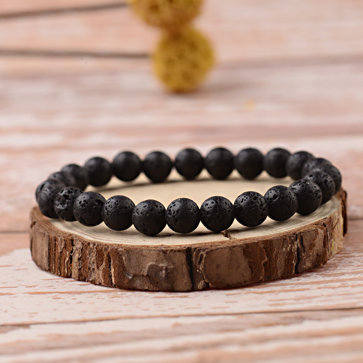 2Pcs Punk Men’s 8mm Lava Rock Diffused Stone Wolf Head Charm Bracelets Bangle