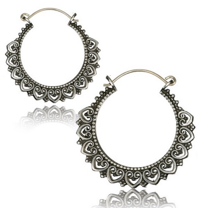 PAIR 18g (1MM) WHITE BRASS HEARTS TRIBAL PLUGS EARRINGS GAUGES HANGERS SILVER