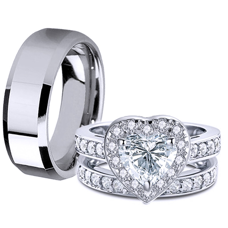 Couple Wedding Ring Set Her Sterling Silver Heart CZ His Stainless Steel