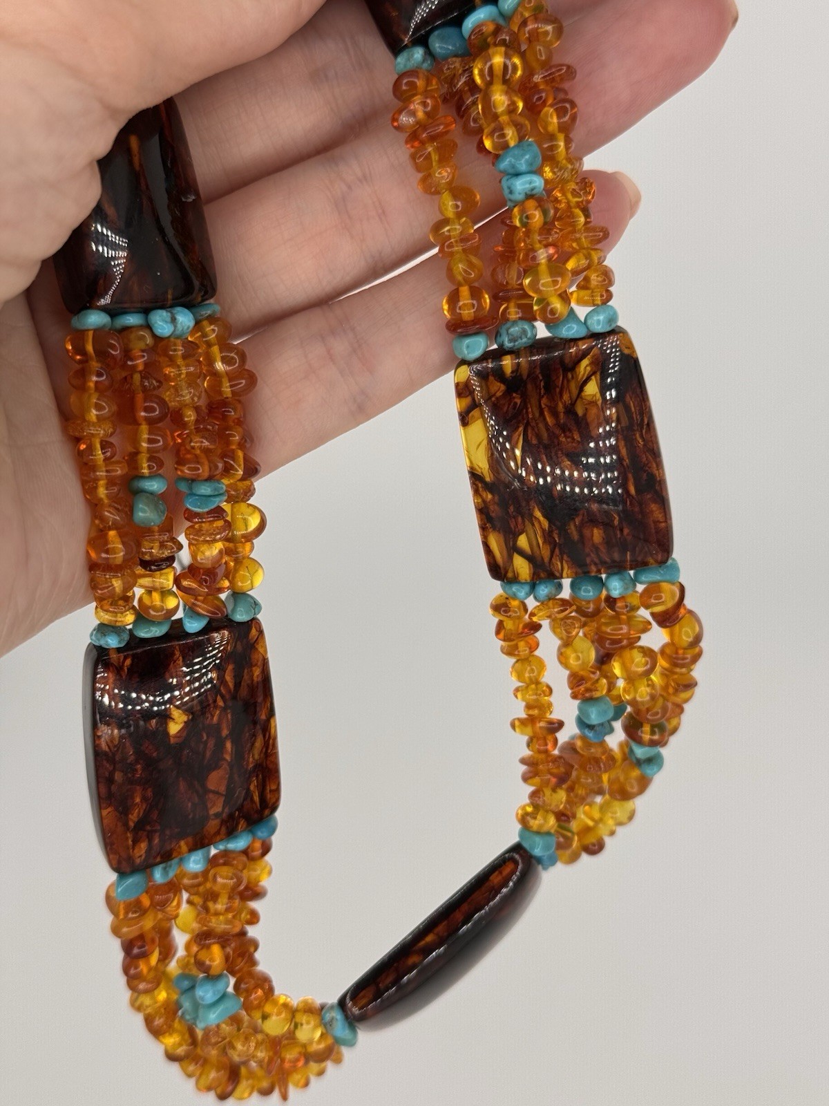 Bohemian Western Multi-Strand Beaded Statement Necklace with Amber & Turquoise