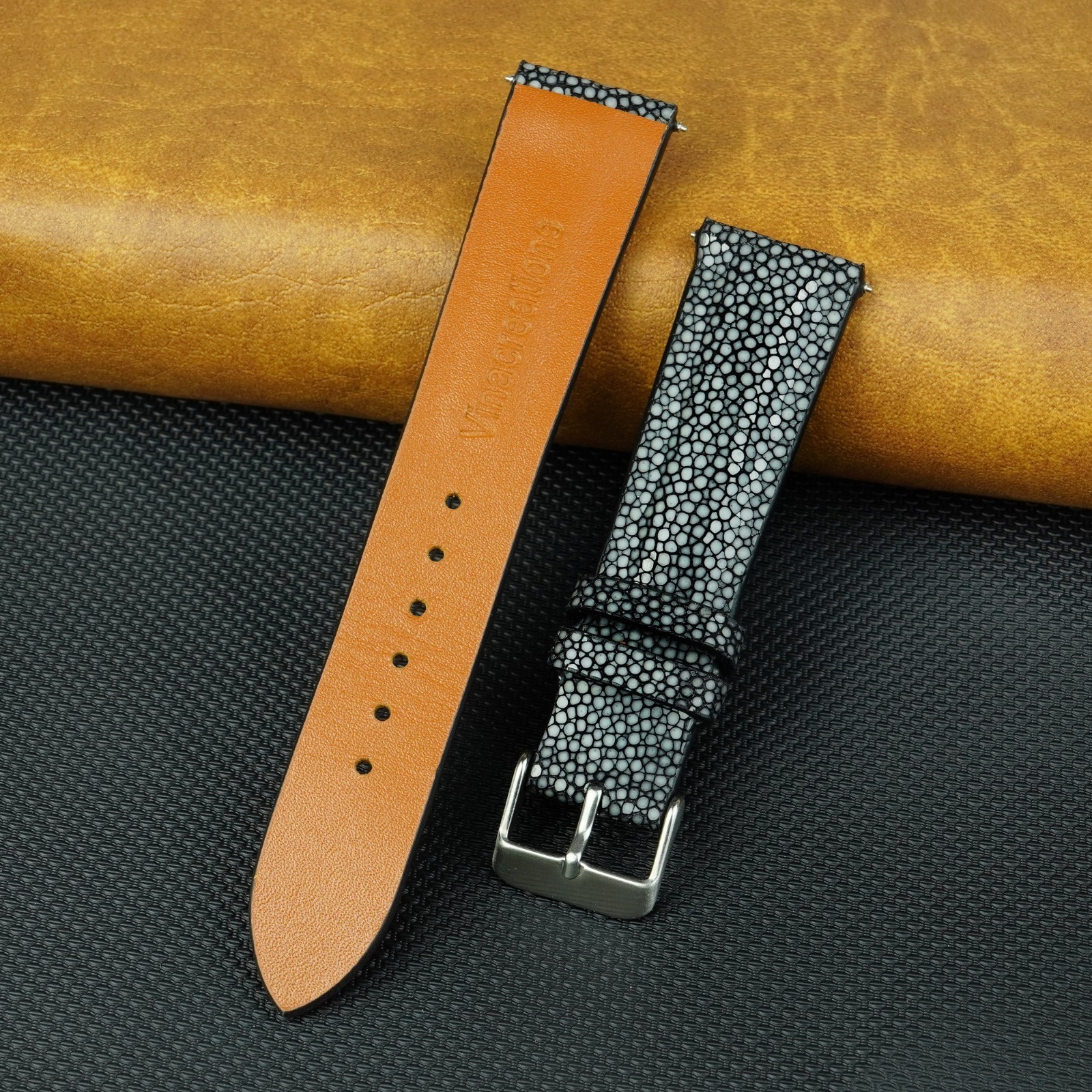 22mm Black Stingray Leather Watch Band Men Genuine Watch Strap Silver Buckle