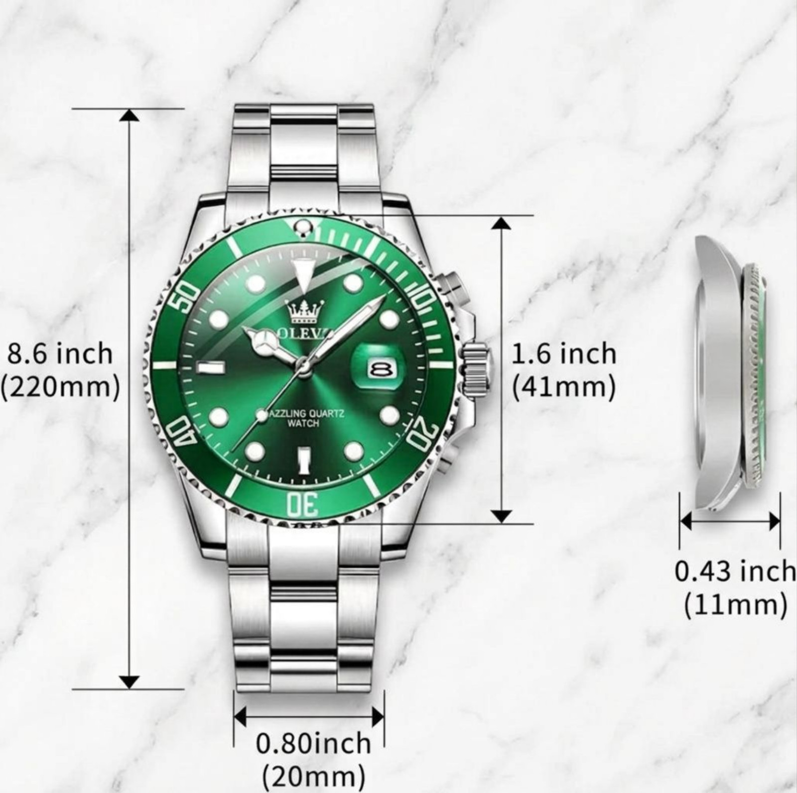 Men’s Waterproof Diver Quartz Silver Bracelet WristWatch Green Dial Bezel Olevs