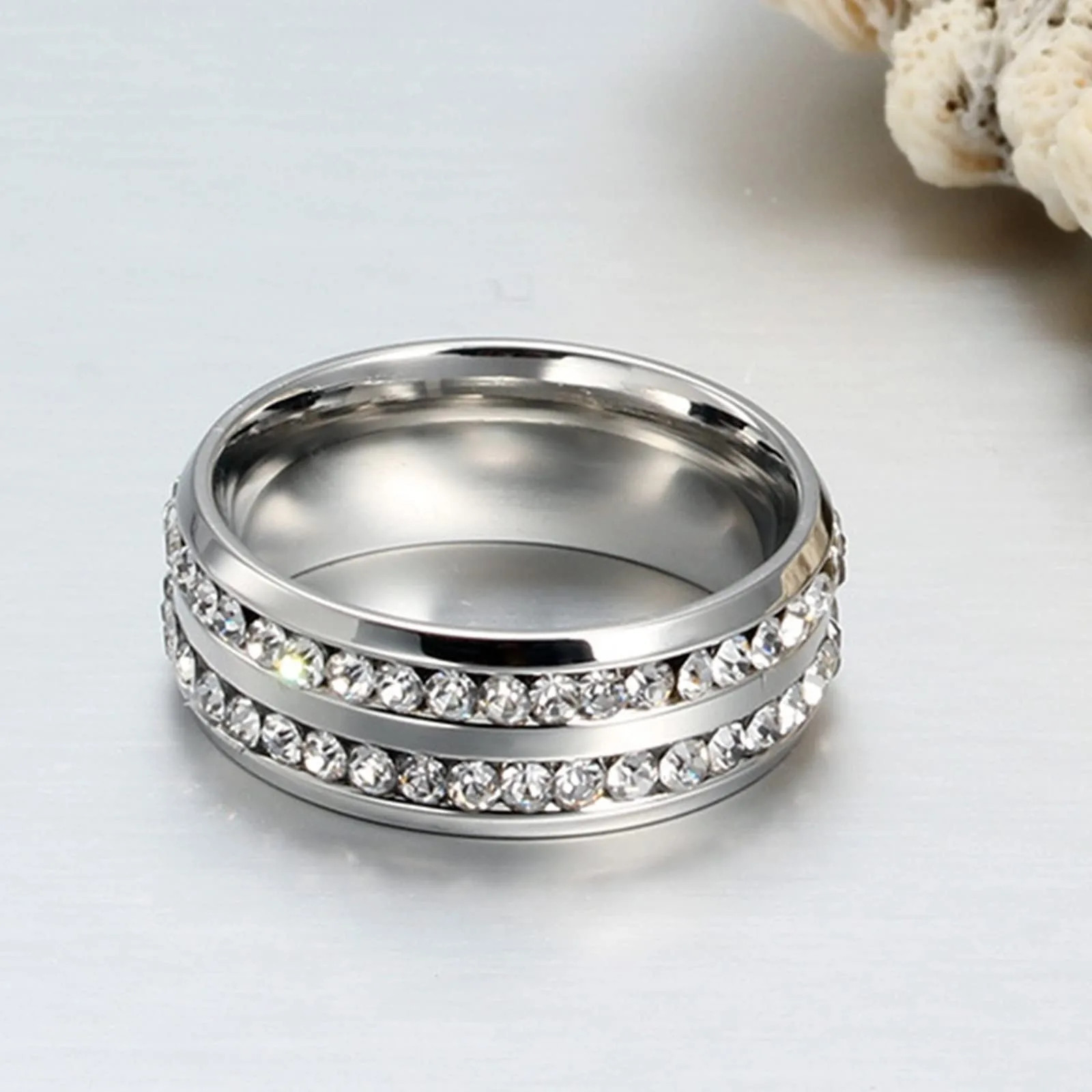 Stainless Steel Ring Marquise Cut Crystal Two Row Wedding Band Women Jewelry