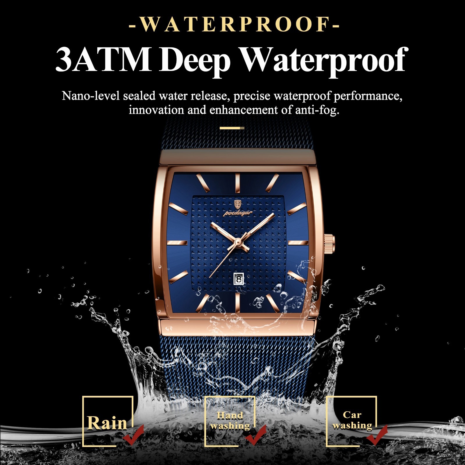 Luxury Men’s Watch Rectangle Steel Mesh Waterproof Luminous Date Quartz