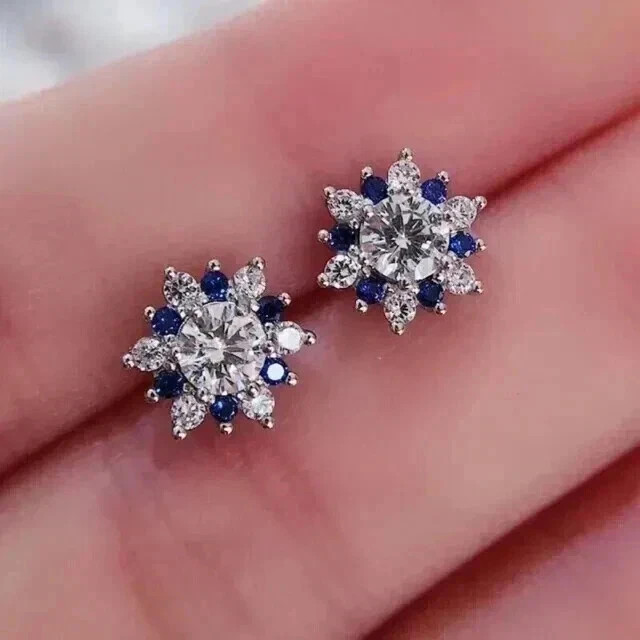 2Ct Round Lab Created Blue Sapphire Stud Earrings Womens 14K White Gold Plated