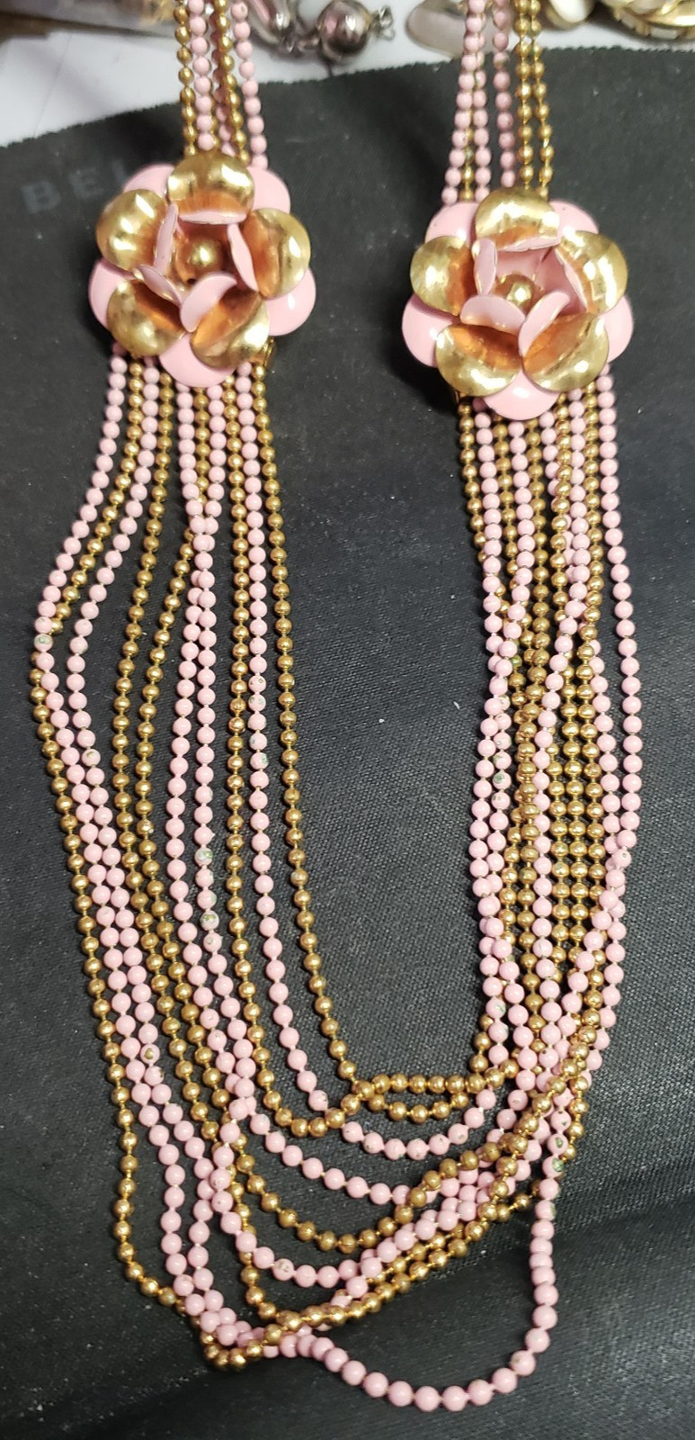Art Deco Brass Ball Chain Pink Flower Multi Strand Draped Necklace 1930’s 1940s