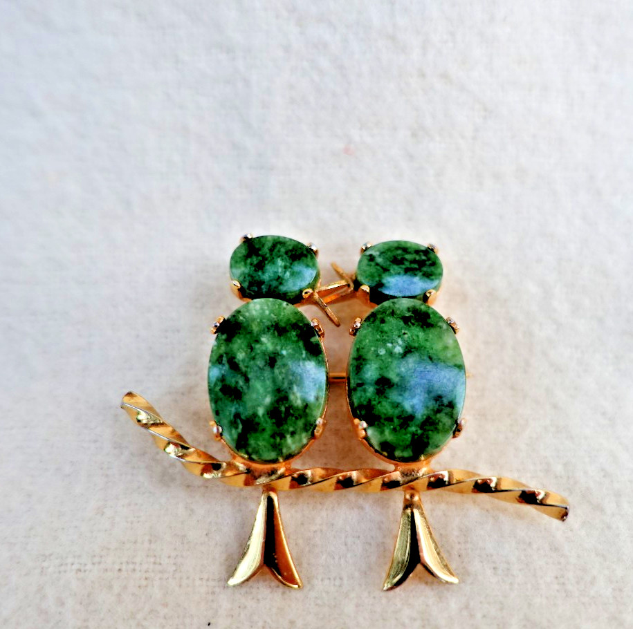 Estate Burt Cassell 12K Gold Filled GF Green Nephrite Jade Lovebirds Brooch Pin