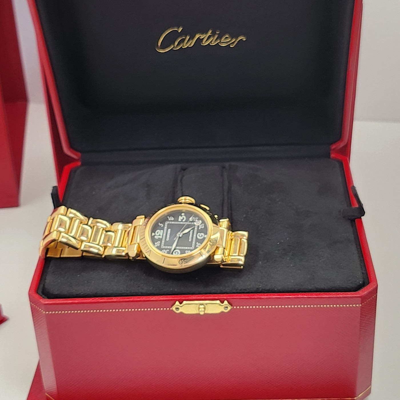 Full Set Cartier Pasha 35 mm 18K Yellow Gold Black Dial Automatic Watch 10351