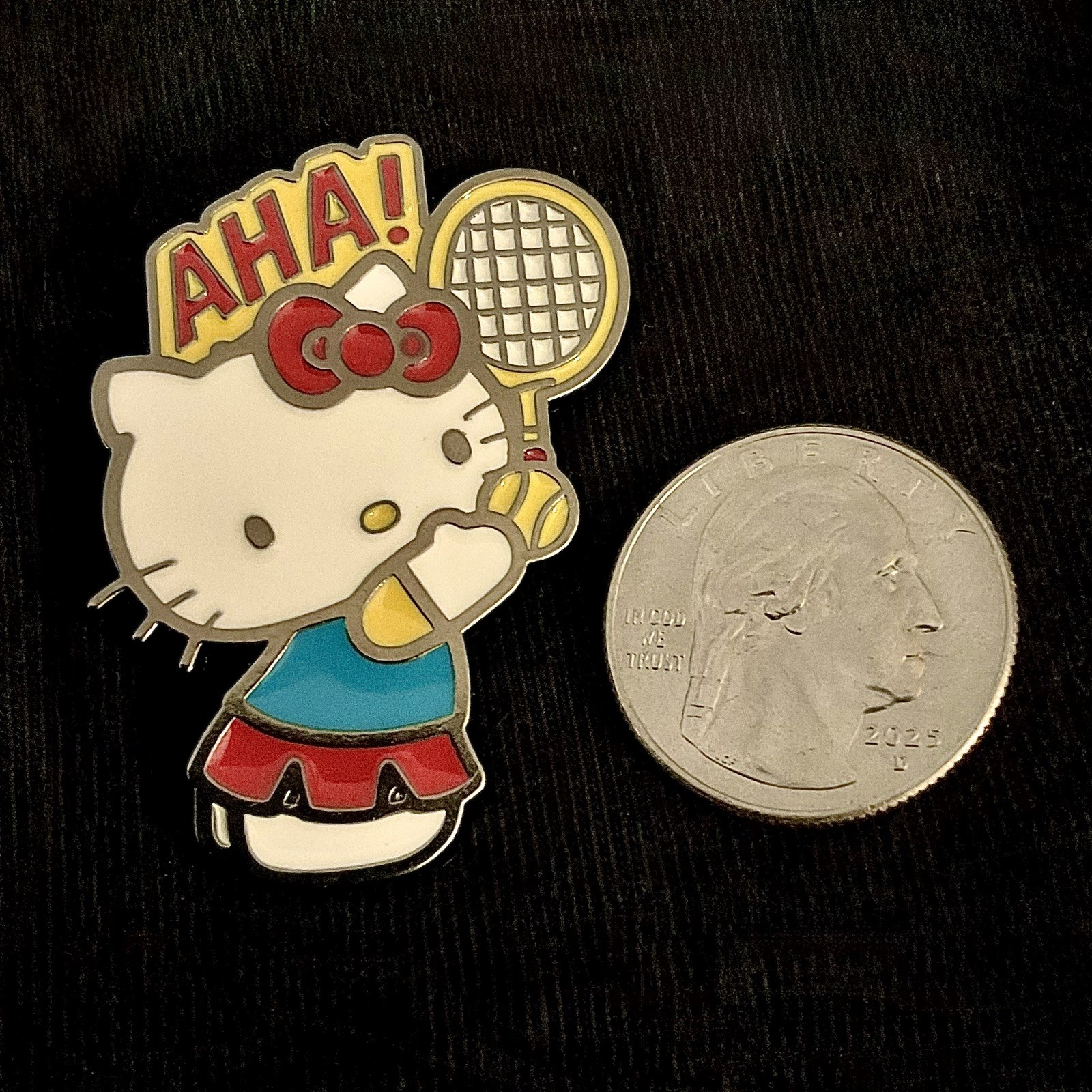 “AHA” Playing Tennis, Hello Kitty, Sanrio, Enamel, Zinc, Alloy, Pin, Brooch.