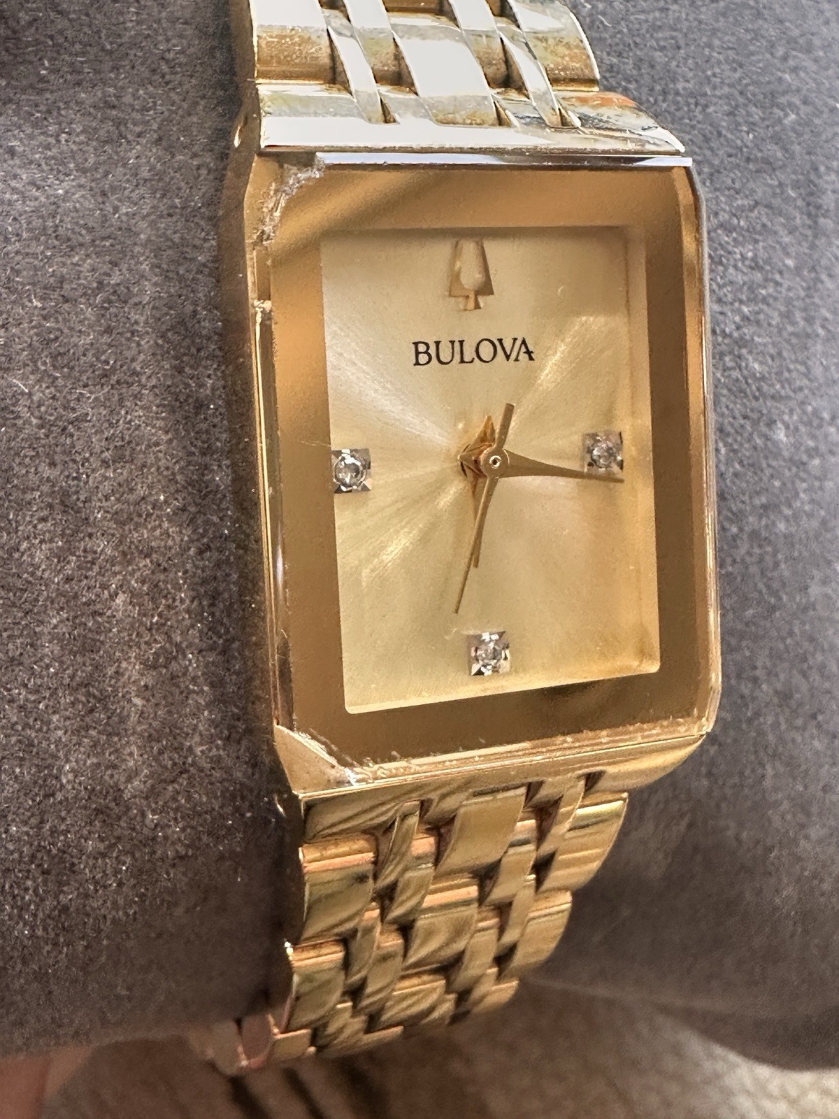 Bulova Quadra Diamond Accent Gold Tone Dial Ladies Watch 97P140 Chipped Crystal