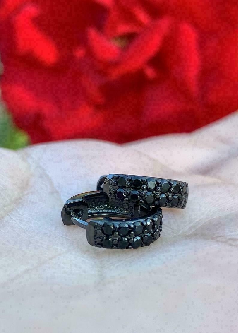 2 Ct Lab Created Diamond Unisex Cluster Huggie Hoop Earrings Black Gold Plated
