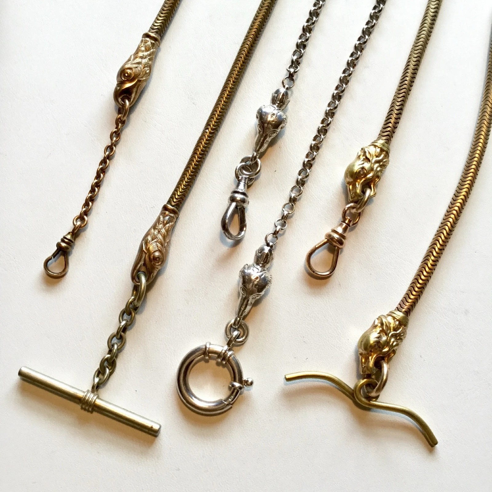 LUX Antique Figural Pocket Watch Chain, with Lion Motif, 12 1/2”