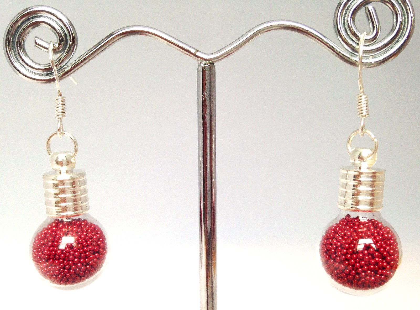 Handmade Mini Globe Glass Bottle Earrings with Red Caviar Beads 925 Silver Hooks