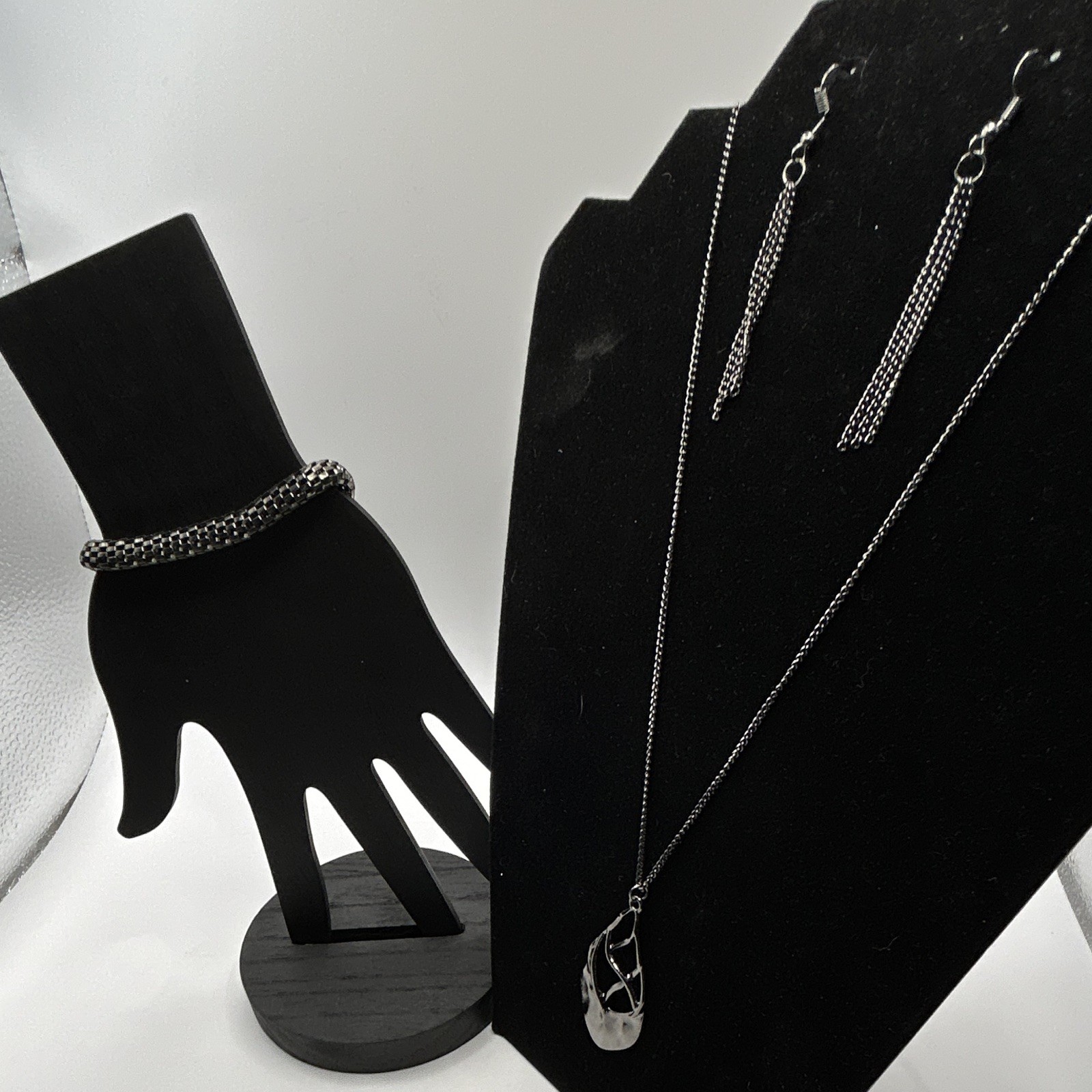 Dark Gunmetal Twisted Filigree Pendant Long Chain Necklace Mesh Bracelet 3pc Set