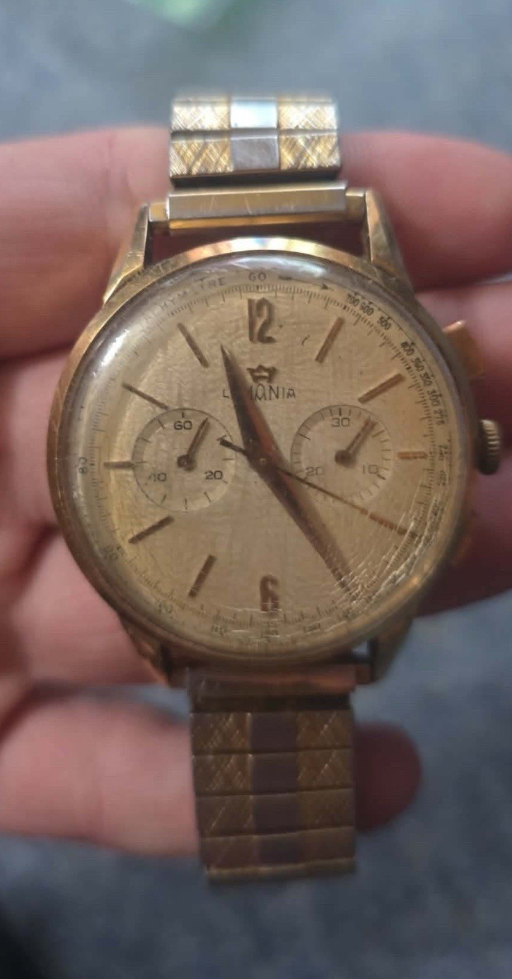 Lemania Vintage Men’s Manual Chronograph Tachymeter gold Dial Bracelet