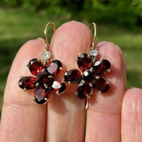 3TCW Oval Cut Red Garnet Drop Dangle Flower Hook Earrings 14K Yellow Gold Plated