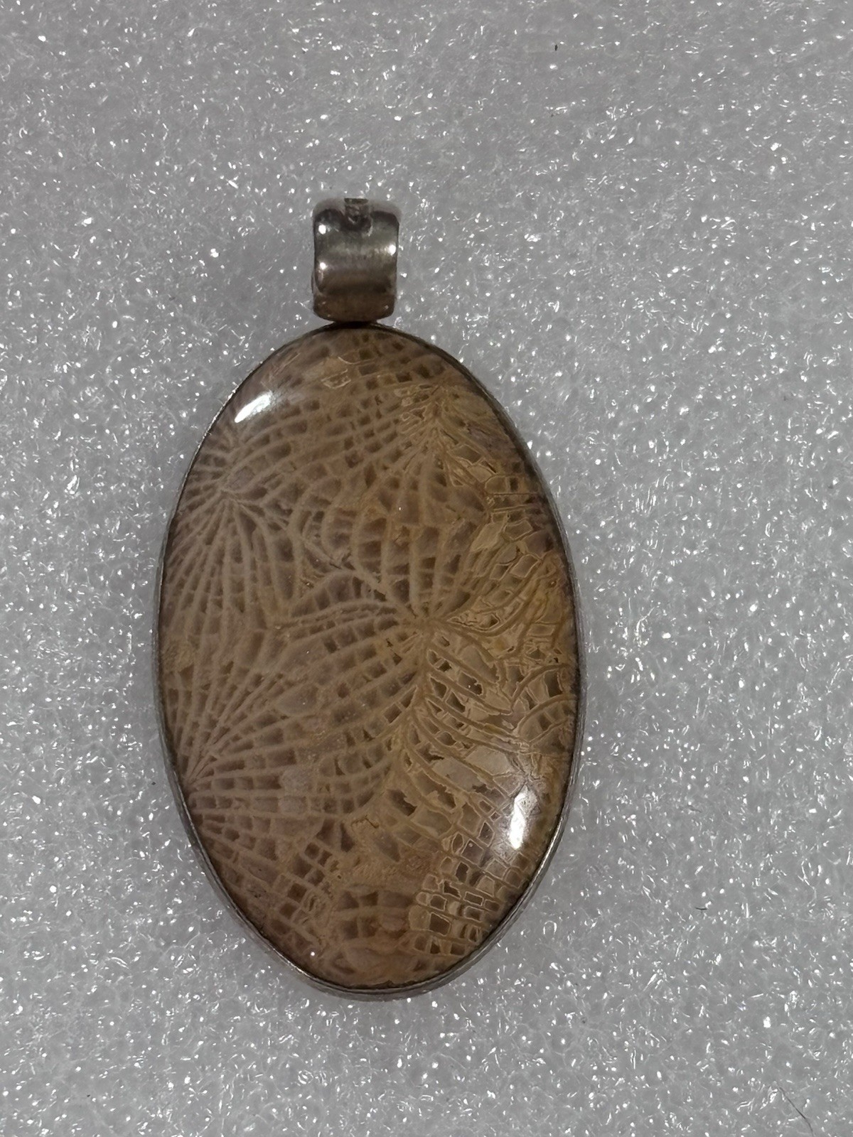 Fossilized Coral Stone Sterling Silver Pendant 925 Tan Orange 8.6g