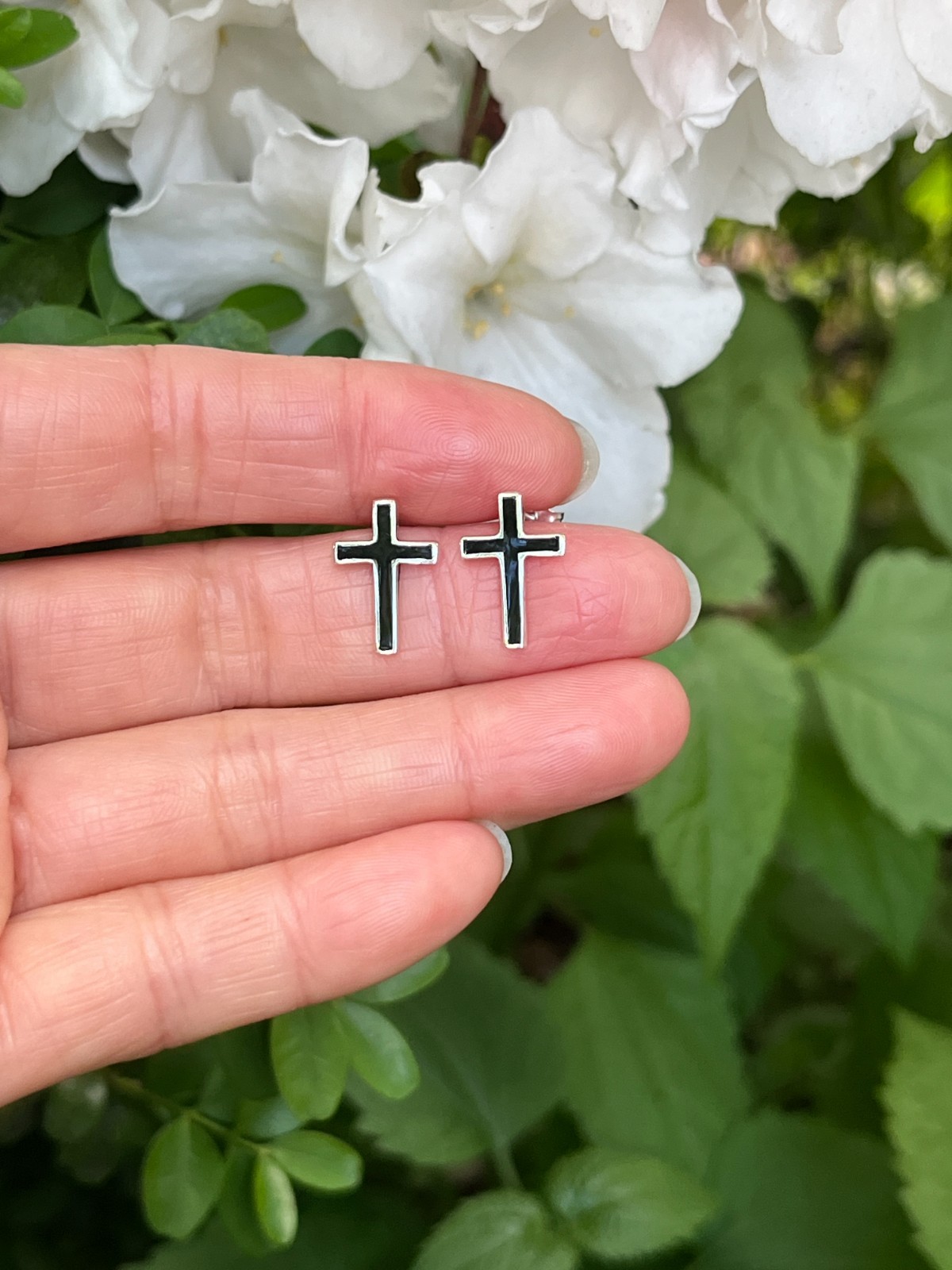 925 Sterling Silver Black Agate Long Cross Stud Earrings Men Women 14.5mm/0.57″