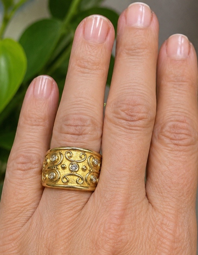 Vintage Gold Plated Wide Band Ring Sz 7 Scrolls Etruscan Revival Estate USA Made