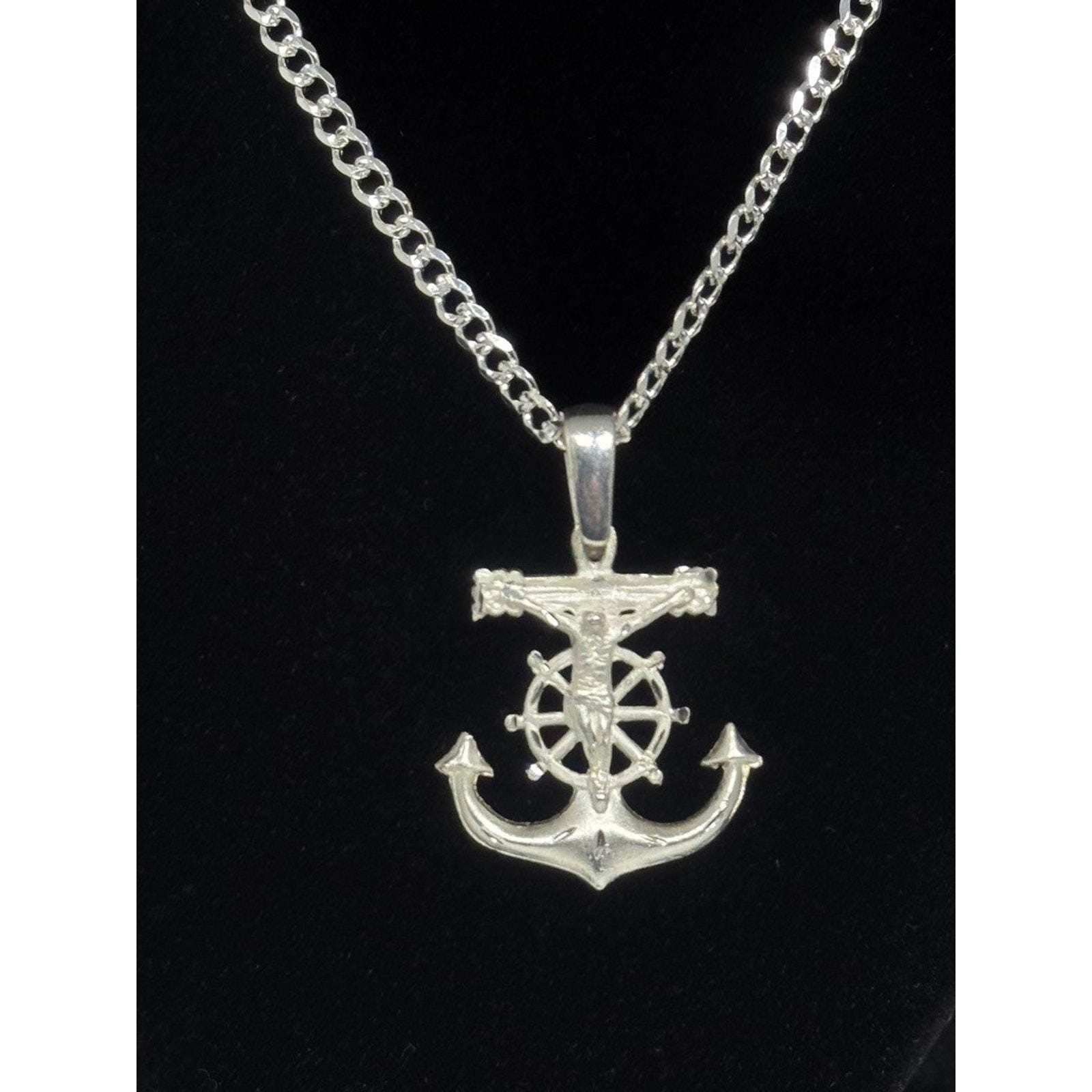 Sterling Silver Anchor Crucifix Pendant Necklace 24 Inch Curb Chain 11g
