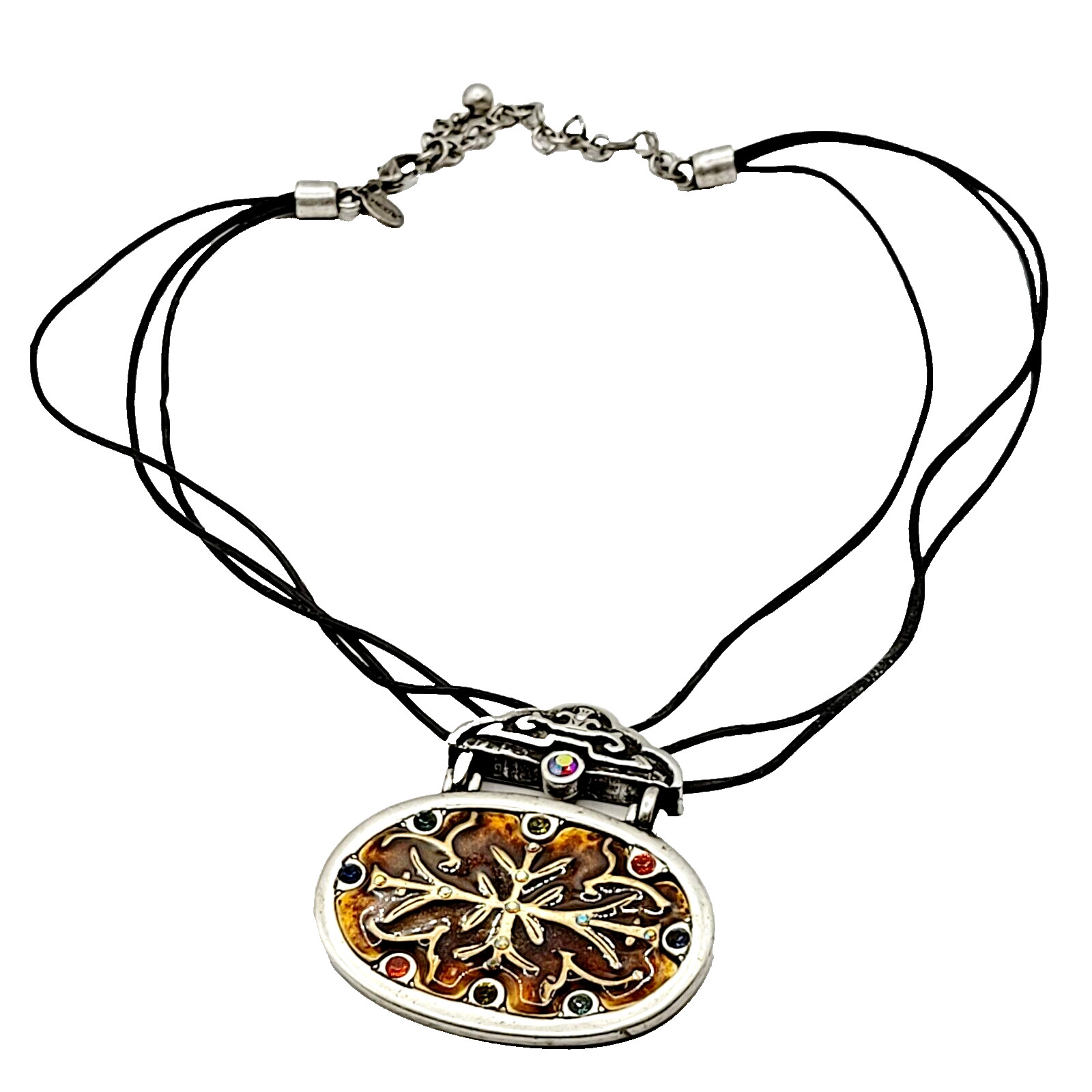Chico’s Enamel and Rhinestone Pendant Necklace Triple Stand Cord Vintage Signed