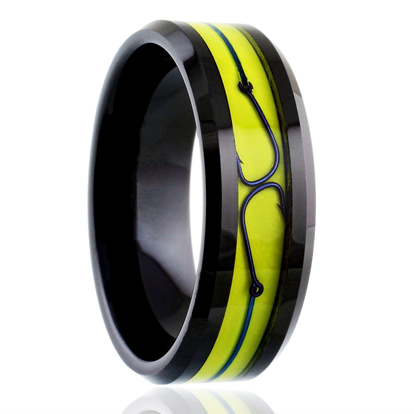 8mm Black Tungsten Yellow Enamel w/ Blue Fishing Line & Hook Wedding Band Ring