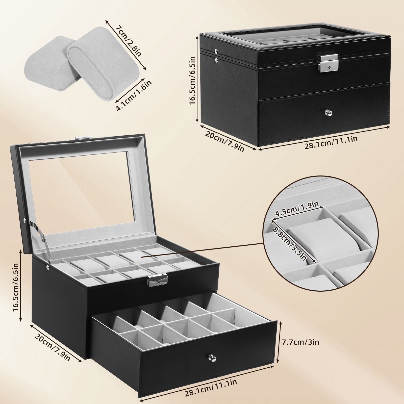 20 Slots Watch Box PU Leather Watch Case Lockable Jewelry Storage Display Case