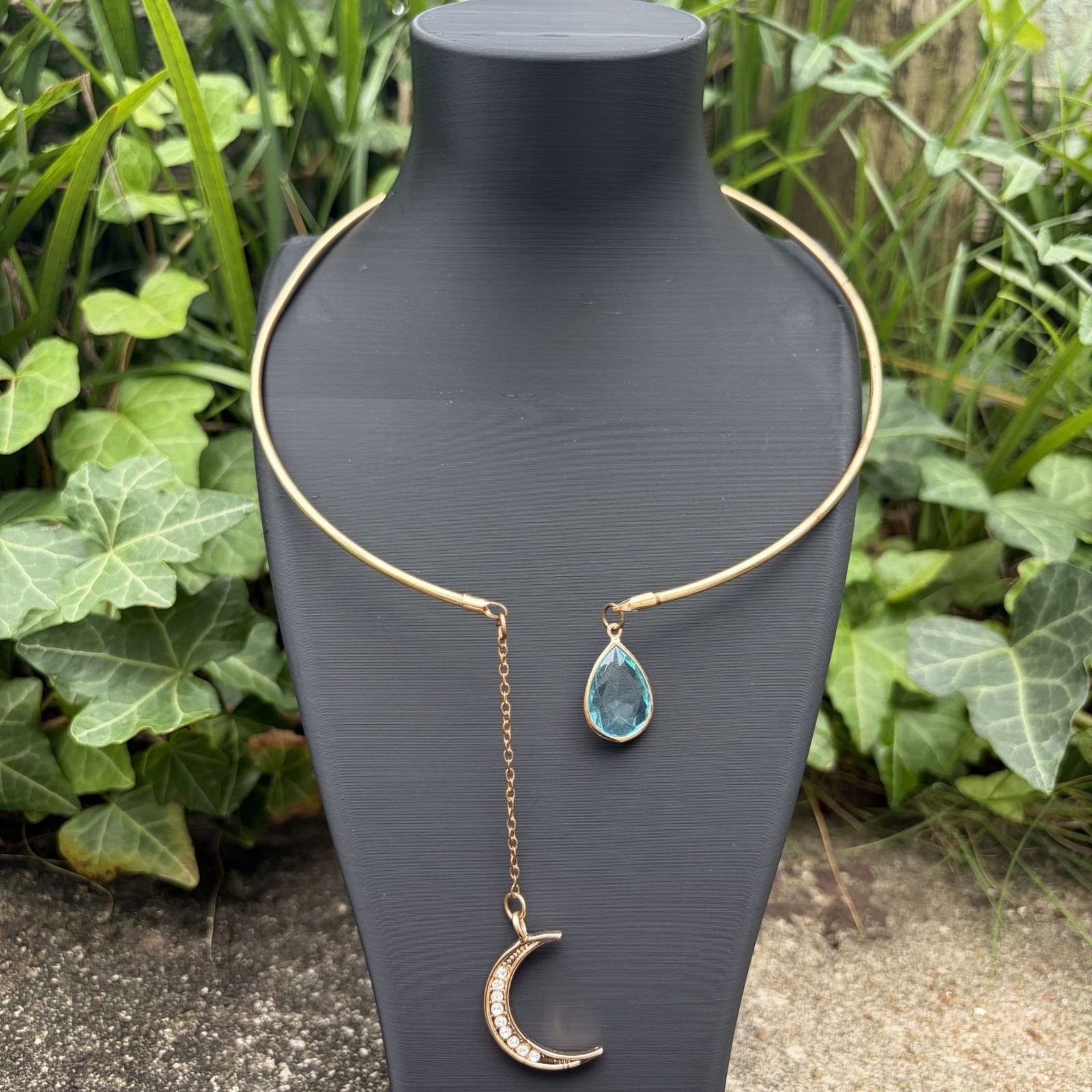 Gold Tone Crescent Moon Teardrop Aquamarine Rhinestone Open Collar Choker