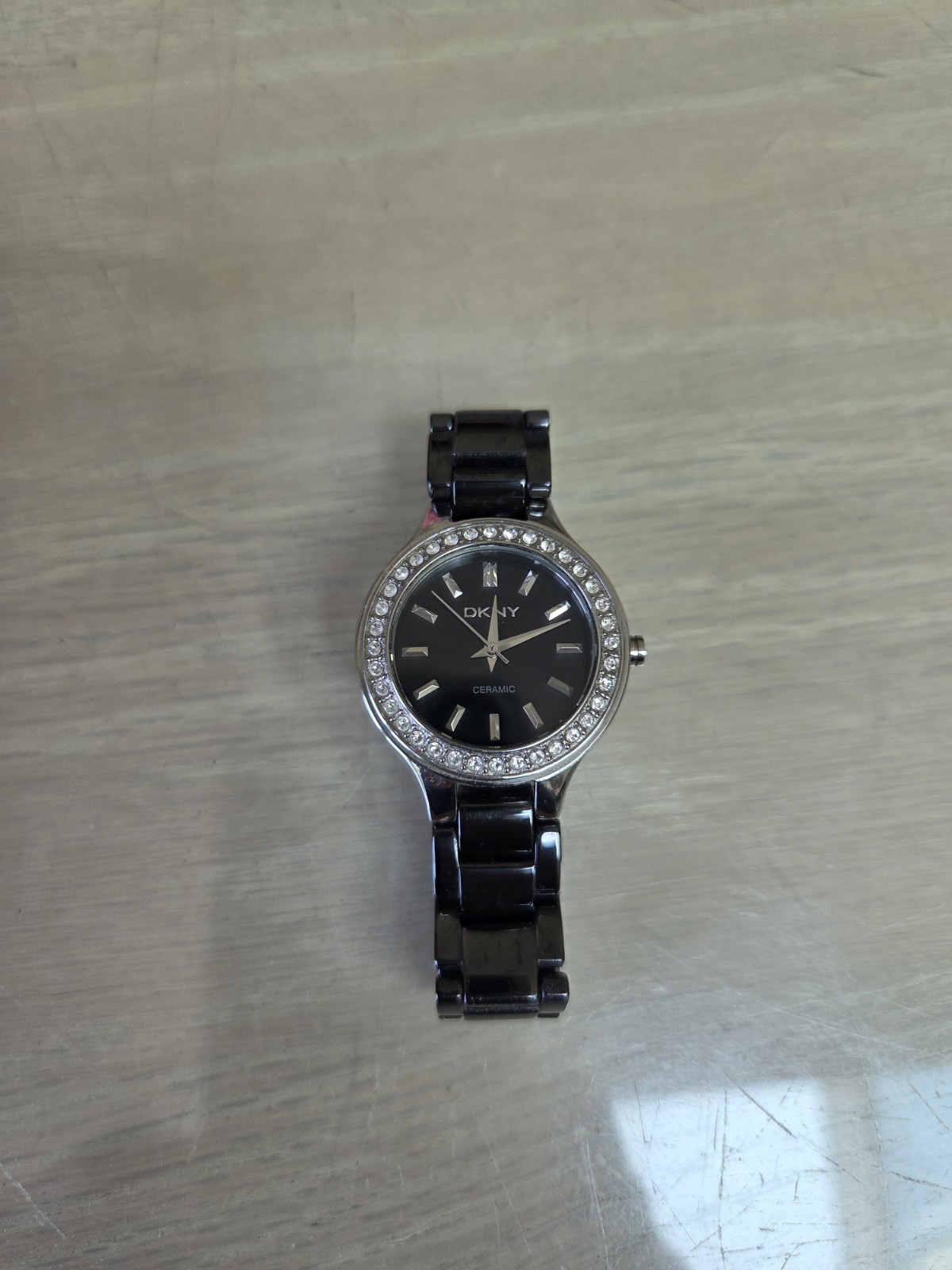 Womens Dkny Crystal Bezel Black Ceramic Watch- New Battery