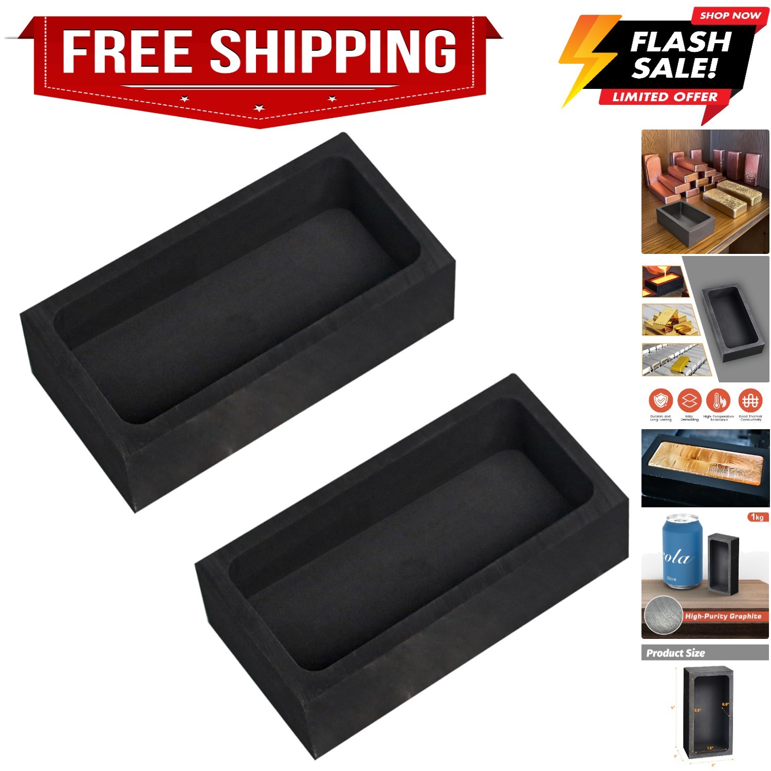 2 Pieces 1kg Graphite Ingot Molds for Casting Gold Silver Aluminum Copper Bra…
