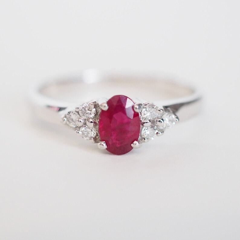 10K Solid White Gold Natural Ruby and Diamonds Solitaire Women Promise Ring