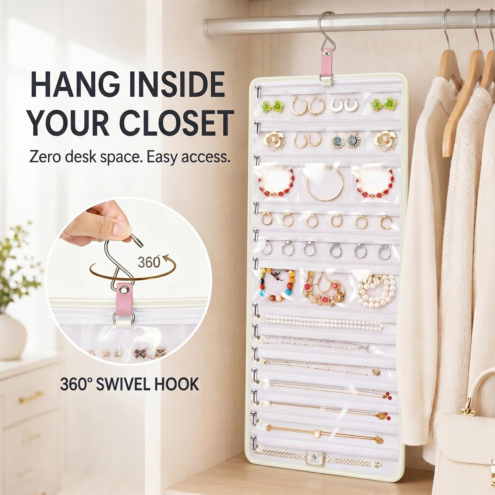 Steadtep 32-Pocket Hanging Jewelry Organizer and Foldable Travel Roll white