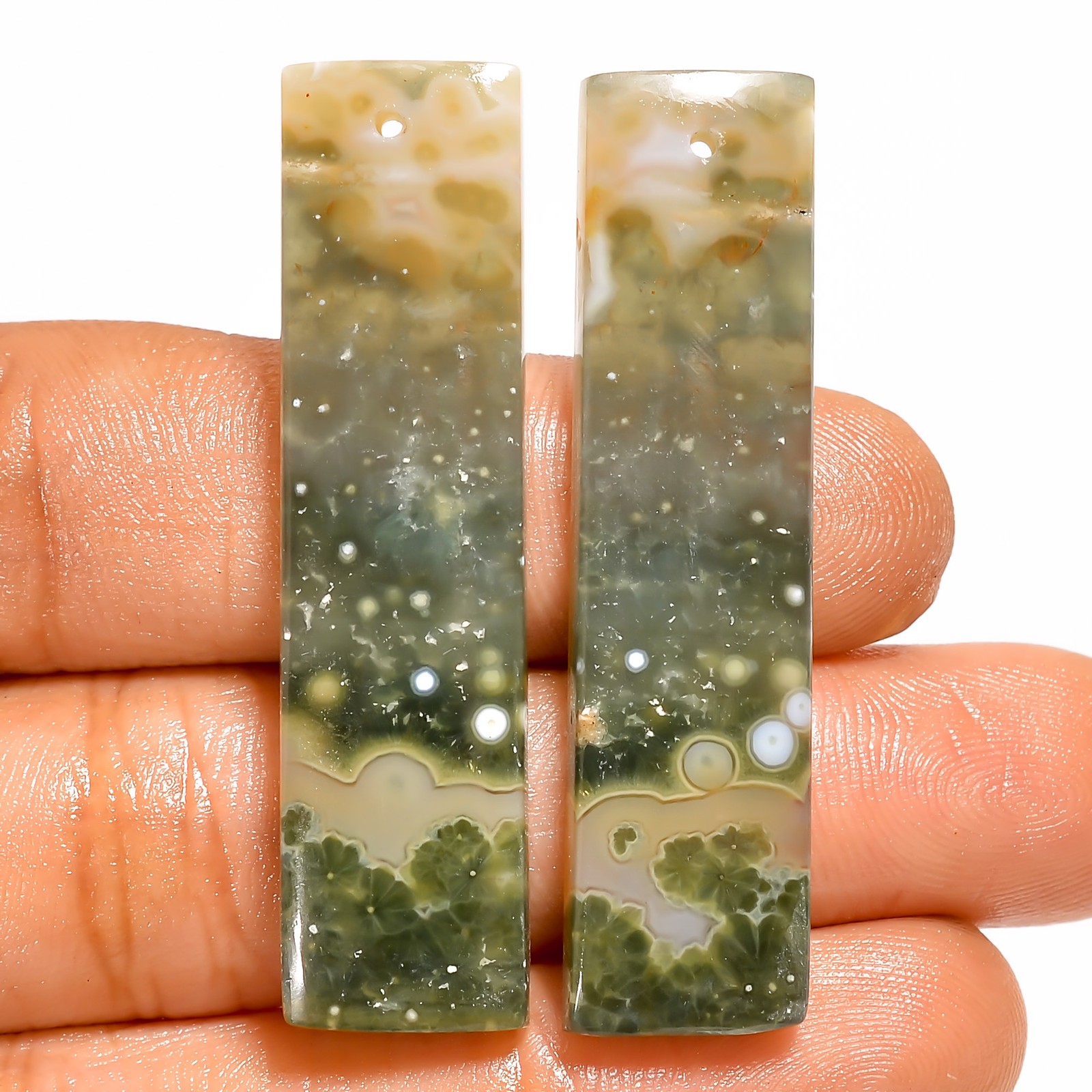 Ocean Jasper Radiant Cabochon Drilled Gemstone Pair 50.5 Ct. 45X11X4 mm DE-627