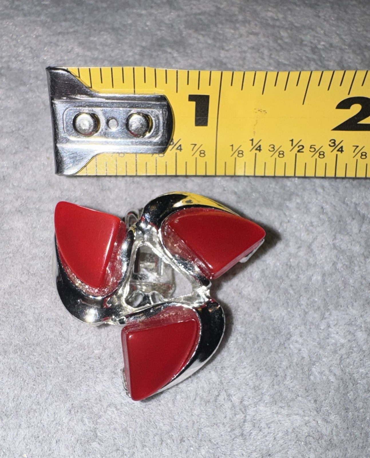 Vintage Mid-Century Modern Silver Tone Red Thermoset Plastic Clip-On Earrings