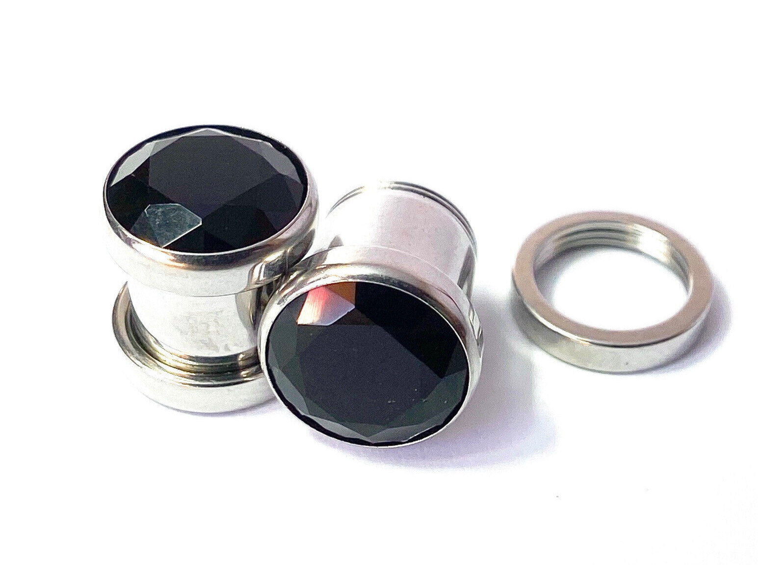 PAIR Large Black Gem Screw Fit Tunnel Plugs Gauges Pierced Body Jewelry Piercing
