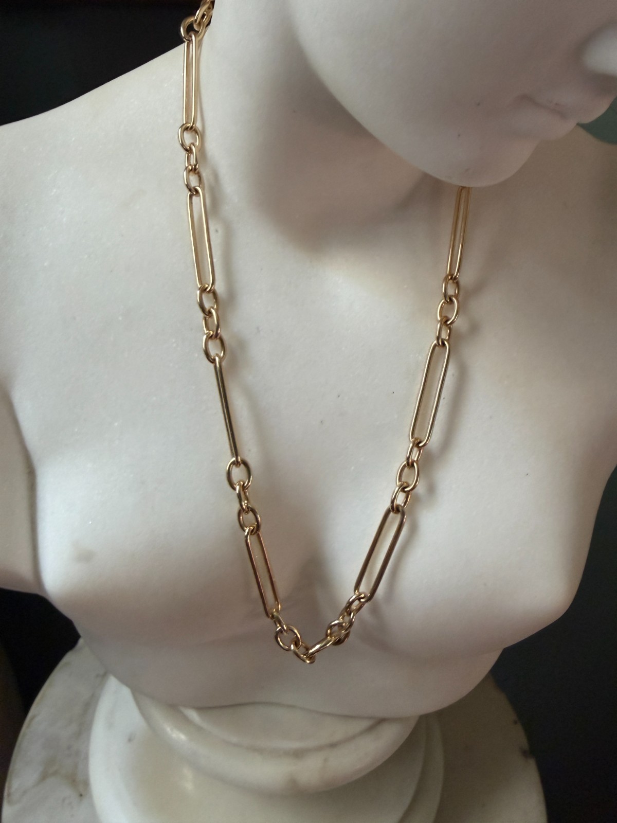 Lucy Delius 14k Yellow Gold Trombone Link Chain Necklace Front Clasp 45cm 27g