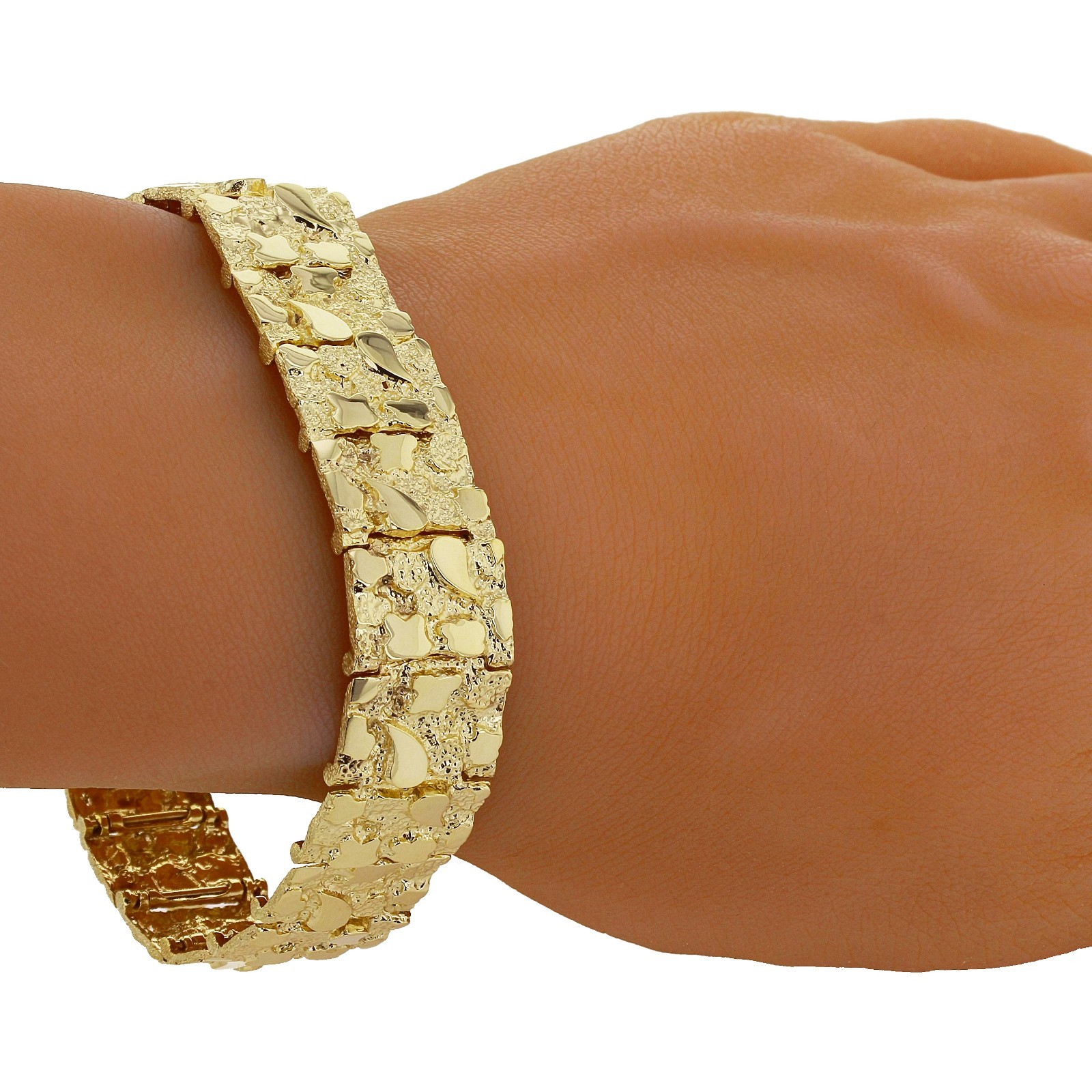 14k Yellow Gold Solid Nugget Bracelet 7″-9″ 4mm to 25mm Adjustable