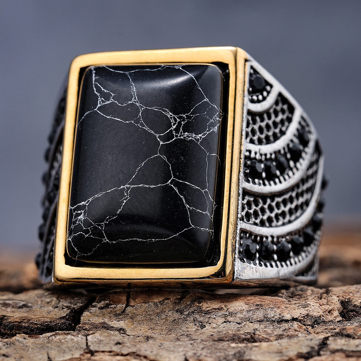 Vintage Stainless Steel Black Turquoise Onyx Ring for Mens Gifts Size 7-15