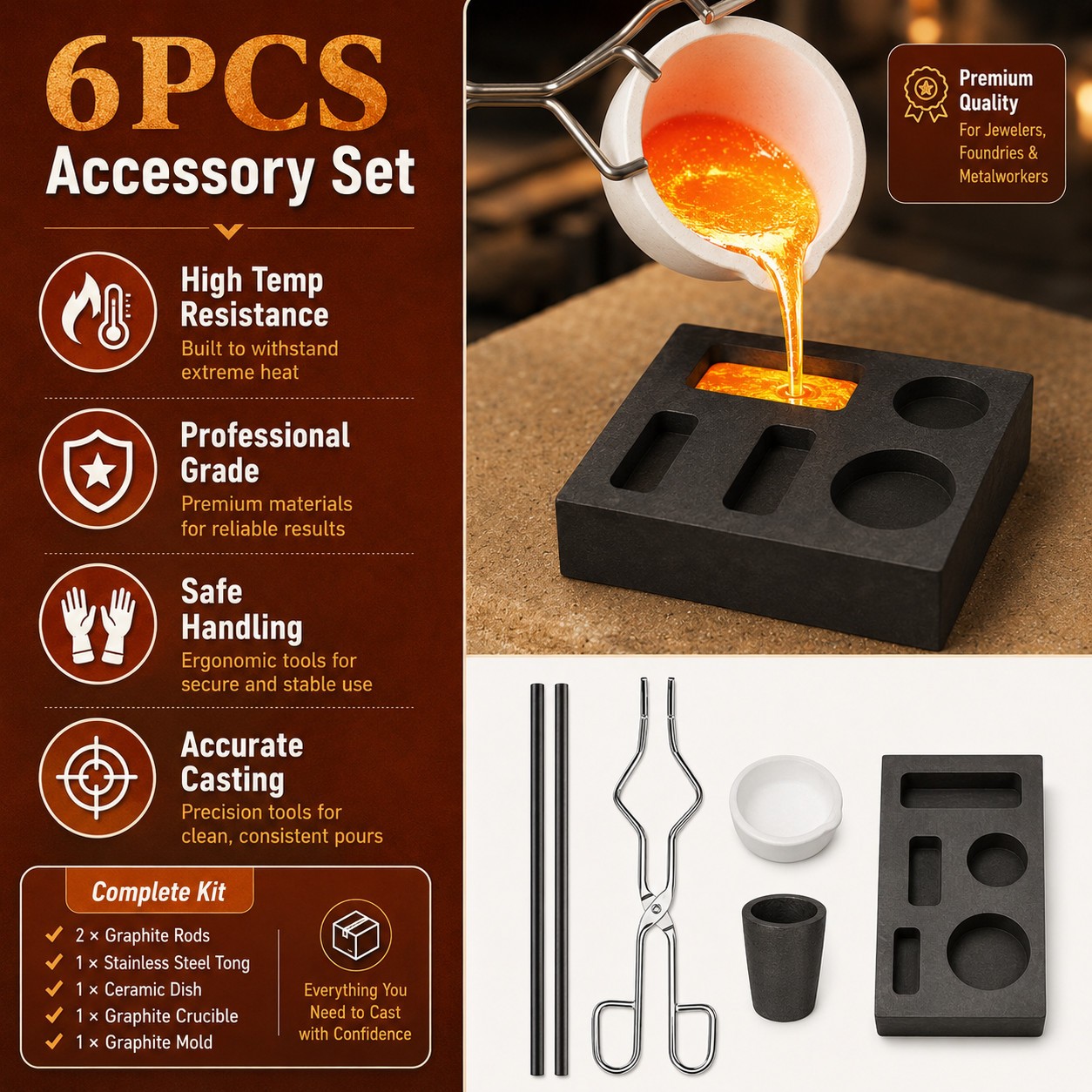 6PCS Graphite Ingot Casting Mold Combo for Gold Silver Copper Melting Tool