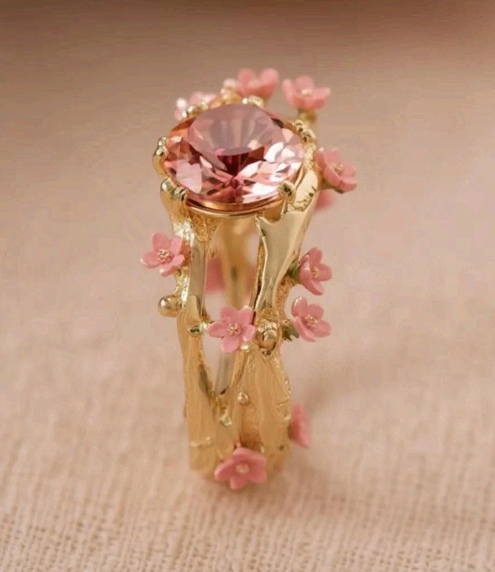 Gold Cherry Blossom Ring Pink Stone Branch Flower Statement Band Stainless Steel