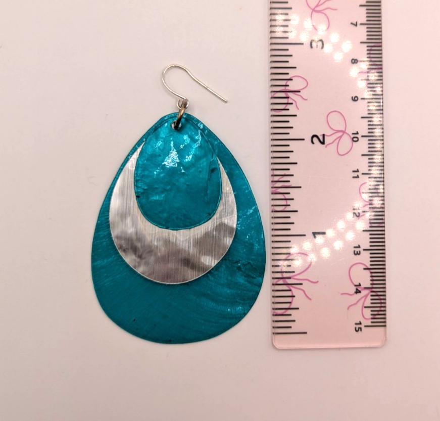 Blue Teal Shell Semi-transparent Silver-tone Teardrop Dangle Drop Earrings